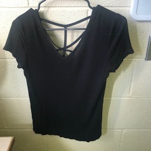 Cross front black v neck tee